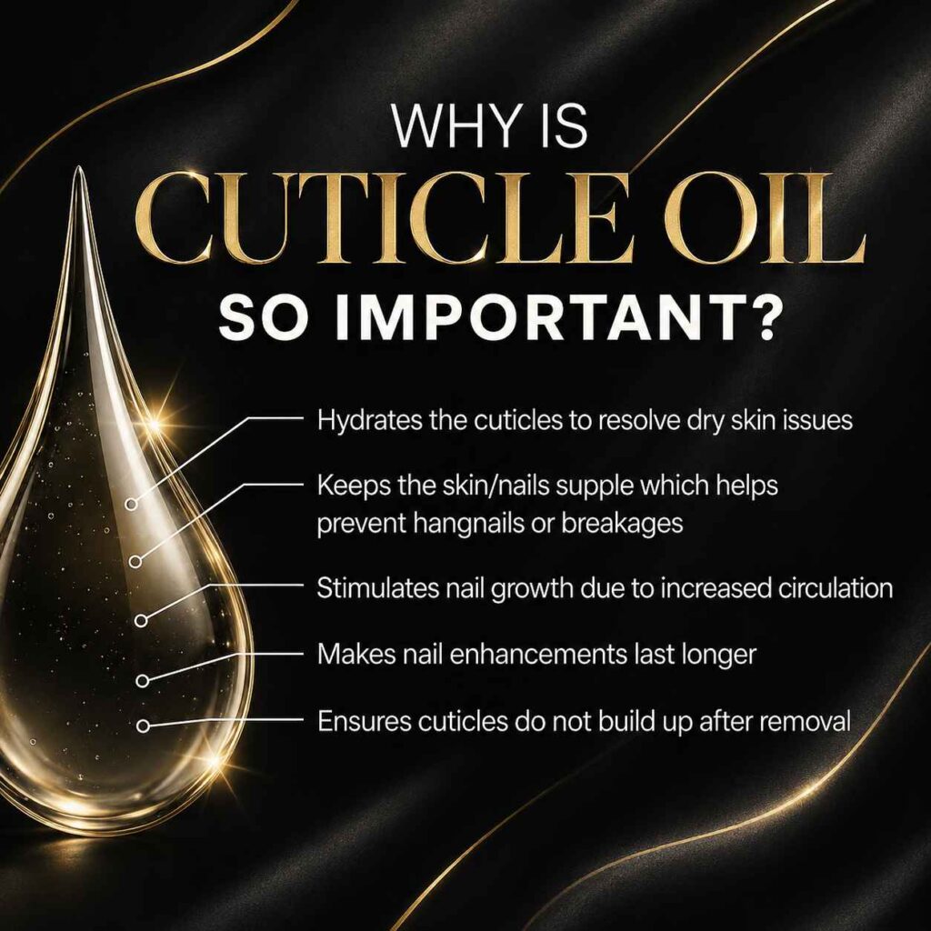 Applying cuticle oil to moisturize dry cuticles and maintain healthy-looking natural nails after a professional manicure.